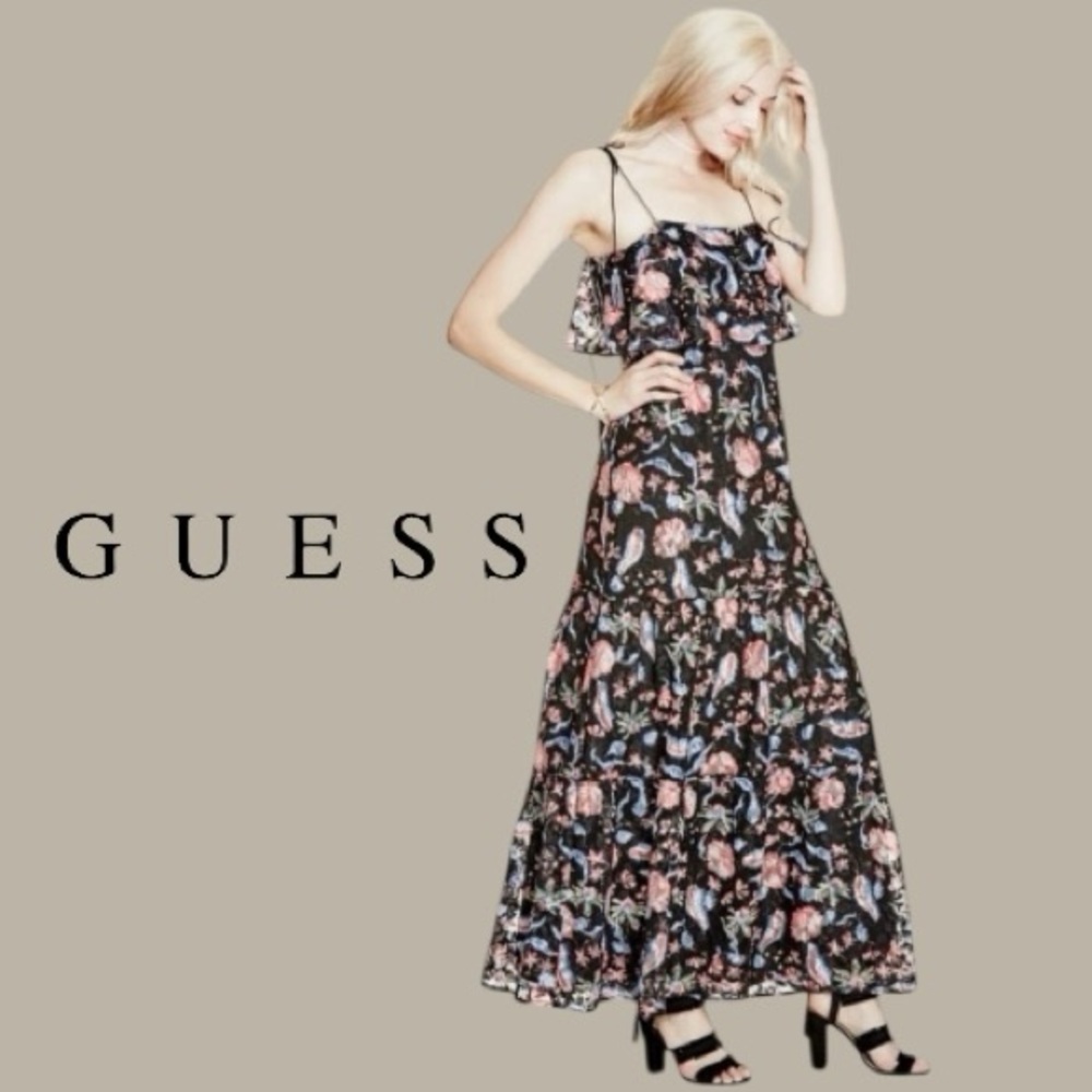 Guess Floral Ruffle Overlay Maxi Dress Paisley Boho Small